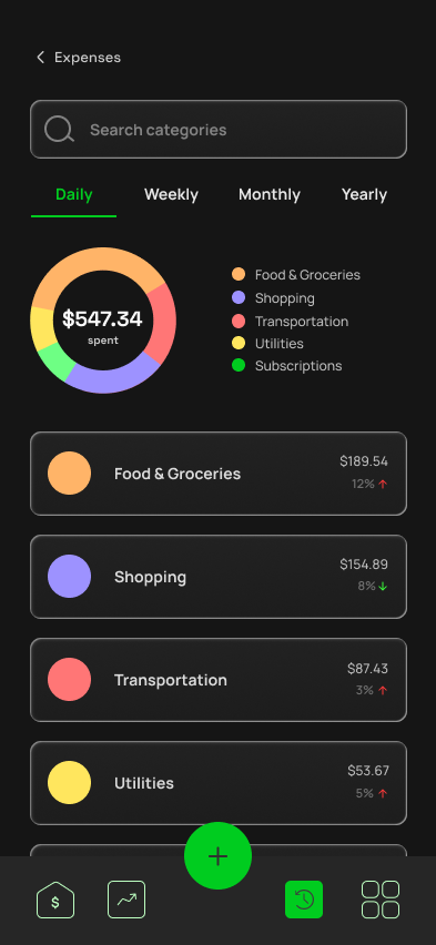 Expenses screen: final hi-fi mockup